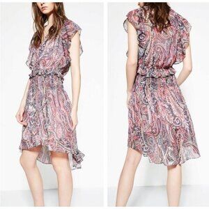 The Kooples Midi Dress Sheer Paisley Lightweight V-Neck Ruffle *Unlined XXS